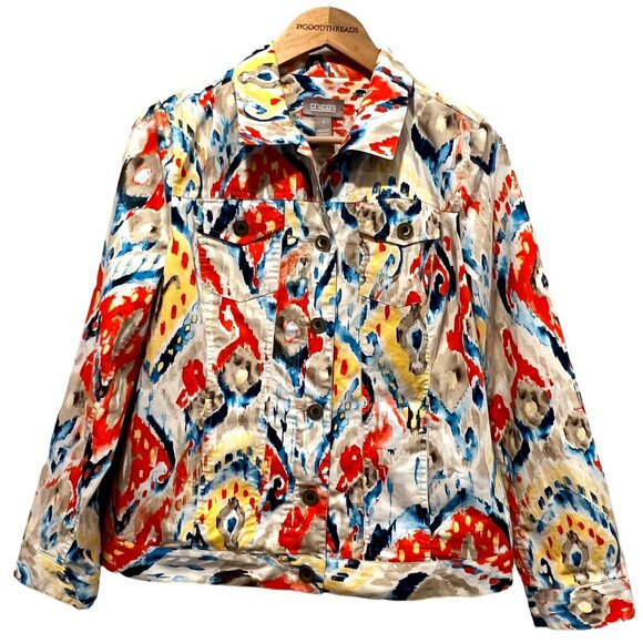 Chico's Ikat Print Cotton Jacket, White Multi, M - Picture 1 of 8